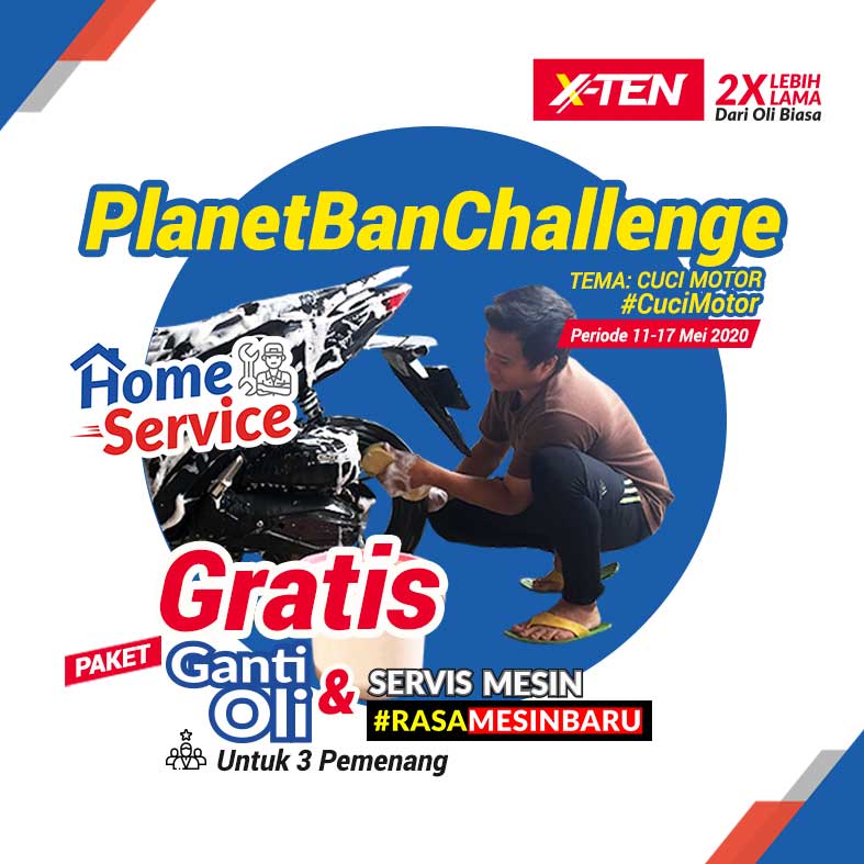 PlanetBan's tweet photo. Yuk, post foto kamu lagi cuci motor dan dapatkan GRATIS paket Ganti Oli X-Ten dan Servis Mesin #RASAMESINBARU untuk 3 pemenang! Post aksi cuci motor terbaik kamu tanggal  11-17 Mei 2020 di #PlanetBanChallenge! info lengkap di https://t.co/OB75FBvd4n
#XTen2XLebihLama https://t.co/aaKDAxHGXD