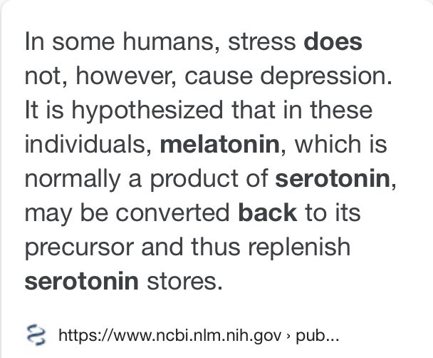 Dopamine & Serotonin. A *few of the results that deficiency in these *neurotransmitters/hormones can causeOH in *some humans stress doesn’t cause *depression because *melatonin which is a product of *serotonin may be converted back to replenish stores