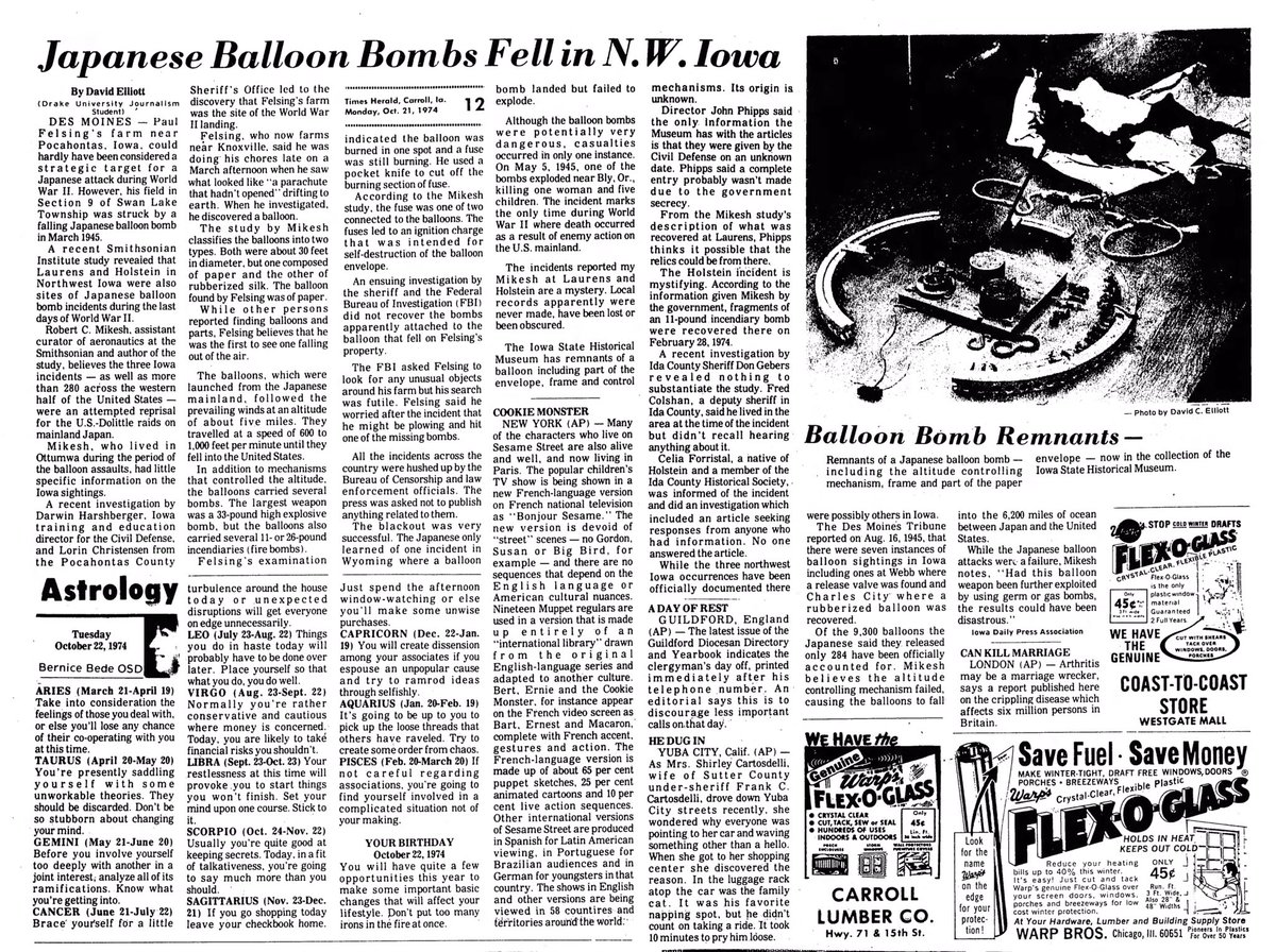 An Iowa WWII tweet on Japanese balloon bombs that blew across the Pacific, at least three landed in western/northwest Iowa. Fragments in <a href="/IowaMuseum/">Iowa History</a>. tinyurl.com/SHMI-BalloonBo… Story from <a href="/carrollspaper/">Carroll Times Herald</a> 10/21/1974, <a href="/douglaswburns/">Douglas W. Burns</a> <a href="/scottsiepker/">Scott Siepker</a> <a href="/DarcyMaulsby/">Darcy Maulsby</a> <a href="/Rushthewriter/">Ty Rushing</a>
