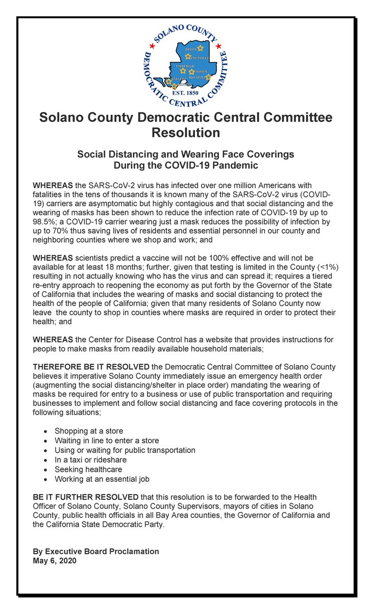 solanodems's tweet photo. The Solano Democratic Central Committee has issued a resolution asking that the Solano Health Officer, Board of Supervisors, Cities, and organizations/businesses mandate the wearing of masks in all public places.
#Covid19 #WearAMask #SolanoStrong #SolanoDemocrats https://t.co/UxnfwsAXGq