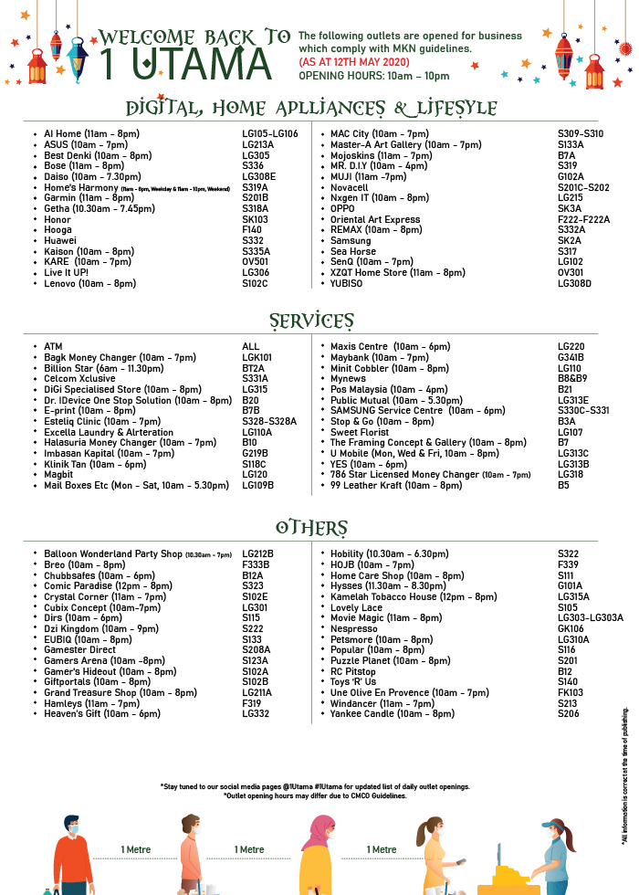 1 Utama Shopping Centre Su Twitter 1 Utama Welcomes You Back Opening Listing Of Retail Shops Services And F B S To Serve Communities As At 12 May 2020 Mall Opening Hours