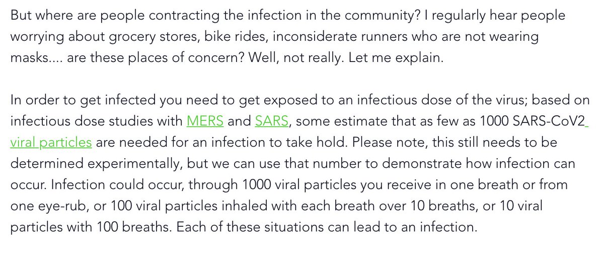 3/ While one would think that a single viral particle hitting one’s nose or eye could cause Covid, it just doesn’t work that way (in Covid & most infections). Here is the best description I’ve seen of the importance of infectious dose, by  @erinbromage  https://bit.ly/2Llutqt 