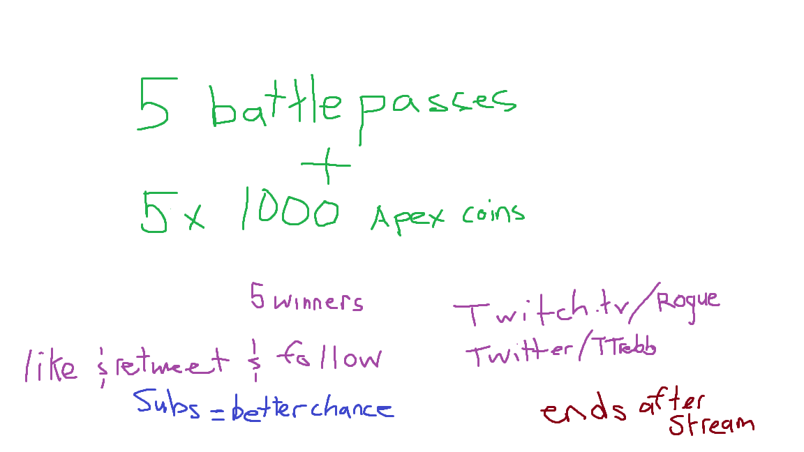 TTrebb's tweet photo. 5x Season 5 battlepass &amp; 1000 apex coin giveaway!

Subs get 10x luck
Follow on twitch and twitter
Like the tweet / RT the tweet.

Ends after my stream!

ENTER through gleam: https://t.co/yFmMGKNs99 https://t.co/xFWyQedIzO