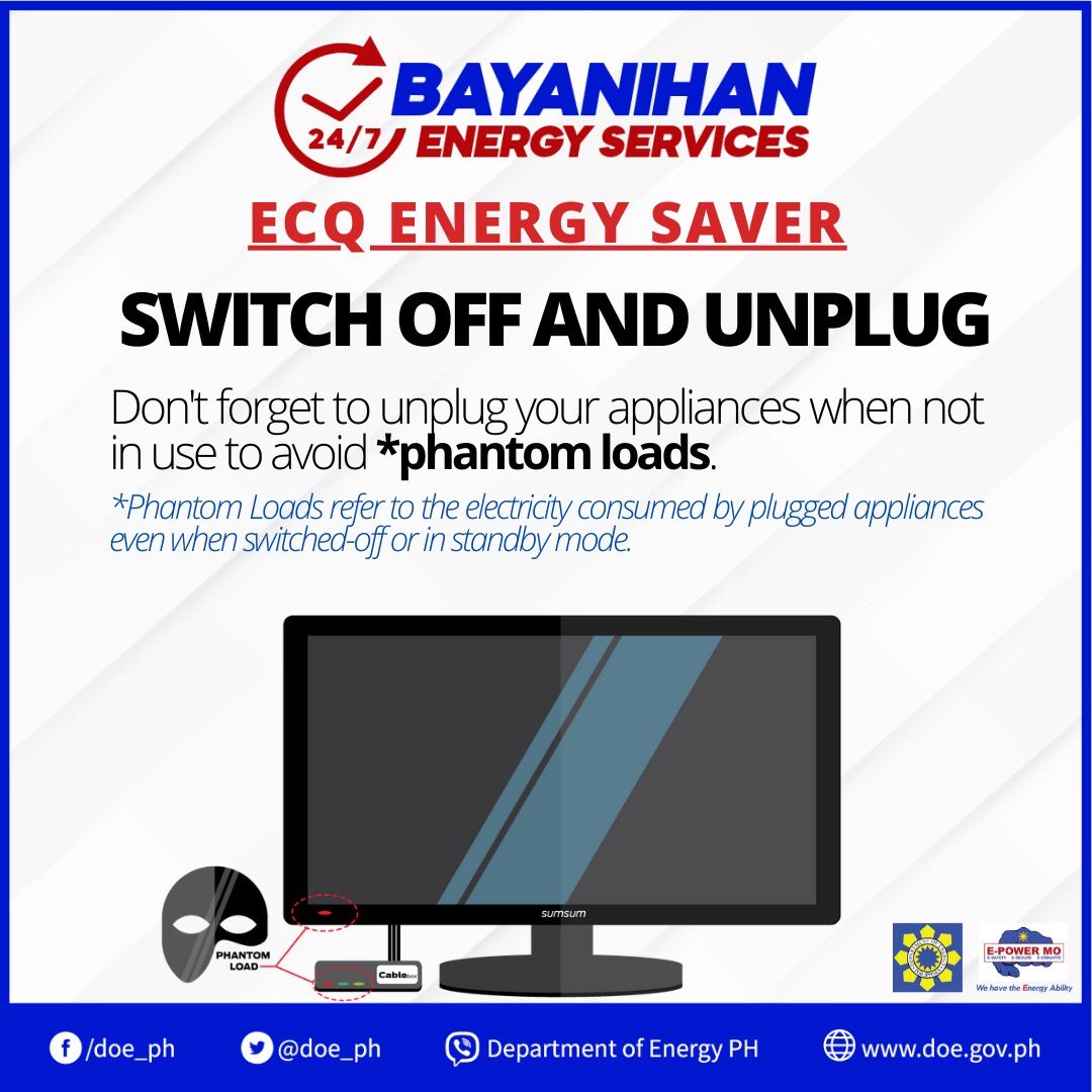 DOEgovph's tweet photo. ECQ ENERGY SAVER: 

Switch off and Unplug

###

#DOEPH 🇵🇭
#EPowerMo
#ESafety
#ESecure
#EDiskarte
#Ambisyon2040 https://t.co/gOgipcauG9