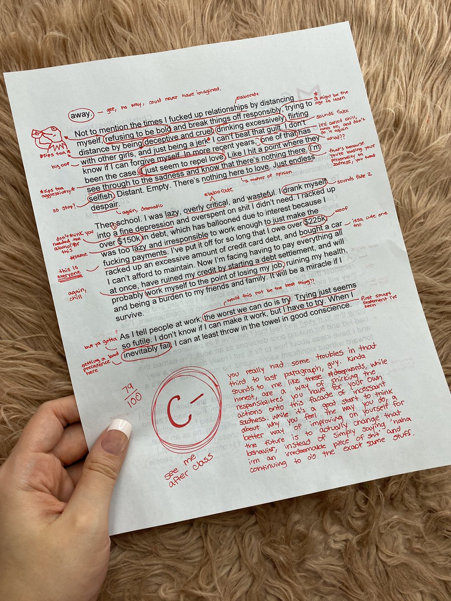 chrvstine's tweet photo. this dude i had been seeing in the fall hit me up out of the blue to send me a 12 page novel about how he was a fuckboy so i graded it and sent it back to him https://t.co/NUvxMxJJDZ