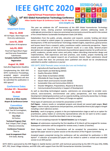 The deadline for submitting an abstract for the IEEE Global Humanitarian Technology Conference (GHTC) Student Poster Competition is October 2, 2020.

Link for GHTC Website: ieeeghtc.org

For additional information please contact Mostafa Mortezaie: mortezaie@ieee.org