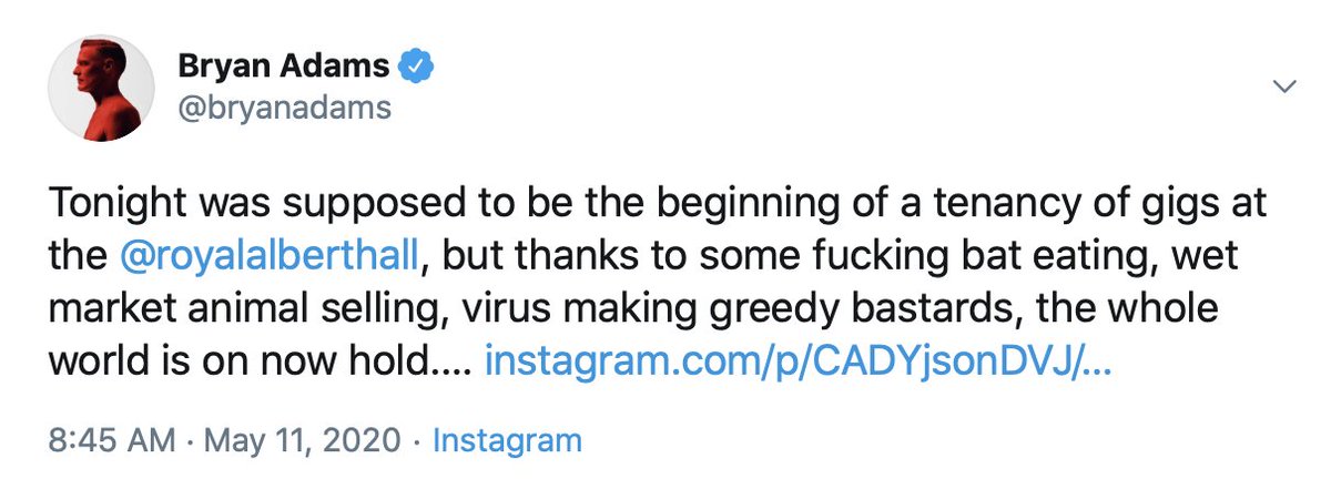 BRYAN ADAMS:  wrote my first real racist tweet / my career already in decline / blaming the Chinese for my lack of income / was the summer of COVID one-nine 