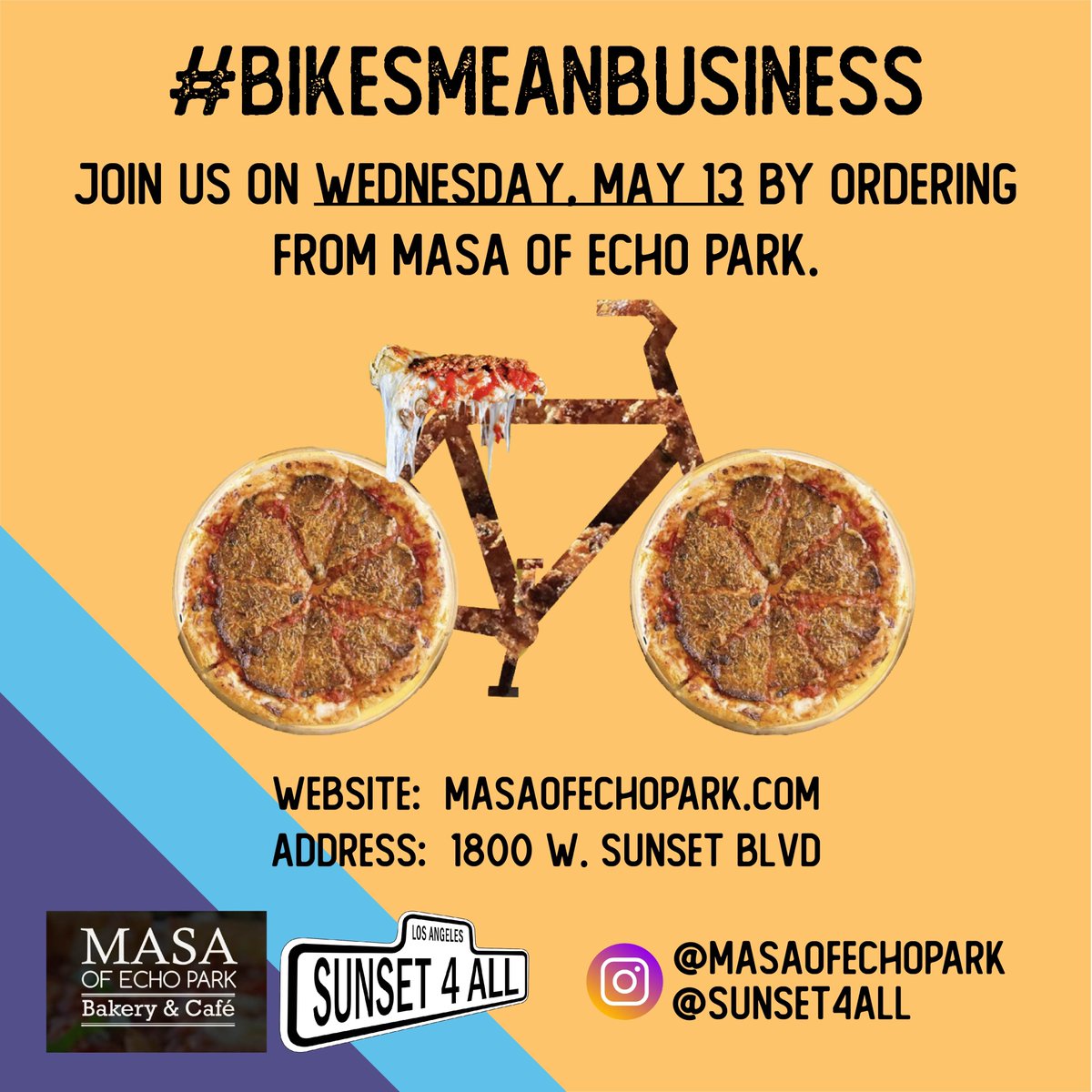 SunsetForAll's tweet photo. This Wednesday, #bikesmeanbusiness for Masa Echo Park! Join us in ordering takeout or delivery and mention @SunsetForAll in your order! https://t.co/61vCtns9tH