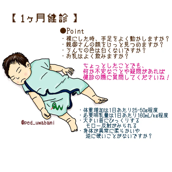 GW中に描いた健診のポイントイラストをまとめてアップしておきます。

コロナの影響で自治体での健診が中止になっているので、参考になれば幸いです。

可能であれば自費でもかかりつけの小児科で健診を受けて頂くと良いと思います。

まずは
・1ヶ月
・3-4ヶ月
・6-7ヶ月

続 