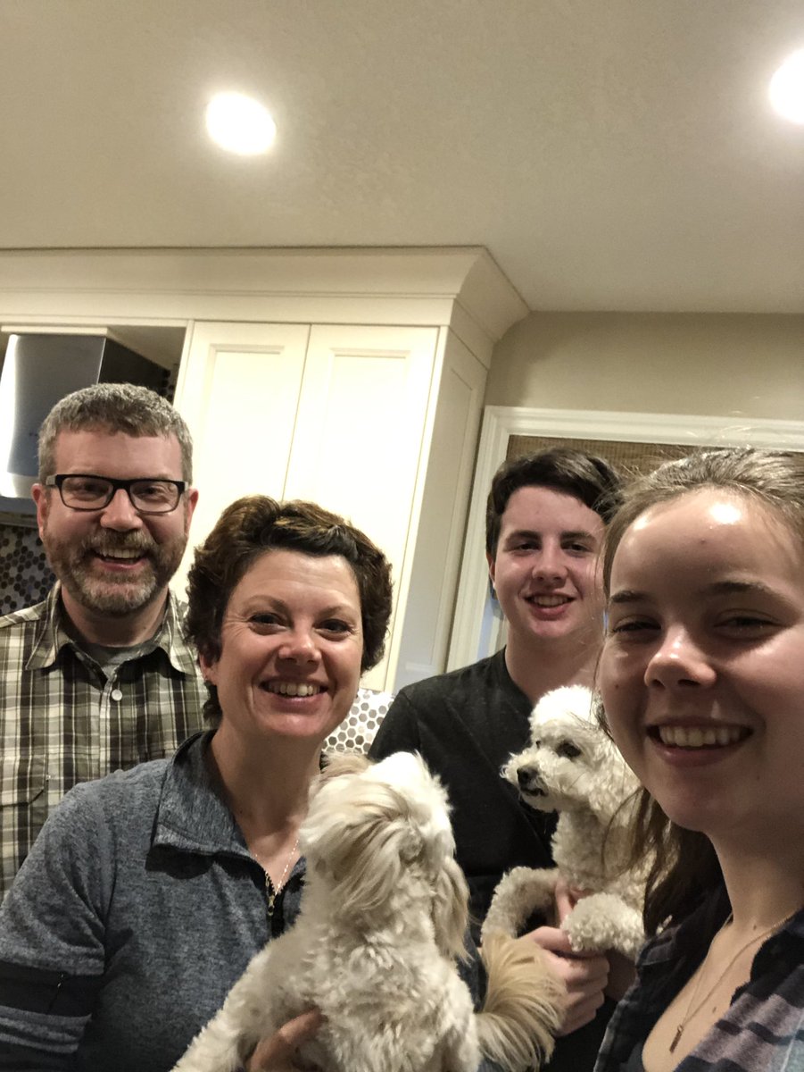 These are the yahoos I’m quarantining with. Adult Boy Child #3, Daughter Who Cooks, Dear Hubby &amp; Misty the Old and Susie the Menace. All in all, I’ve got it pretty good. #homeappreciationweek #symonsvalleyunited #uccan #affirmunited #yourchurchonthehill #unitedchurchofcanada