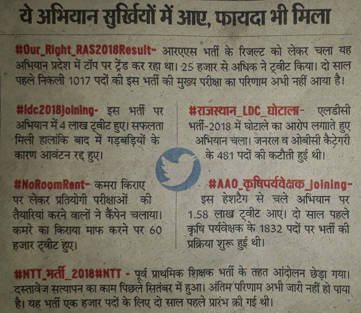 meenakamlesh215's tweet photo. ट्विटर पर प्रदेश में टॉप 3 में ट्रेंड करते भर्तियों से जुड़े आंदोलन #NoRentForStudentsInRAJ
#LDC2018_joining
#Our_Right_RAS2018Result
#NTT_भर्ती_2018
#राजस्थान_एलडीसी_घोटाला
#AAO_कृषिपर्यवेक्षक_Joining https://t.co/4o9Kx674FN