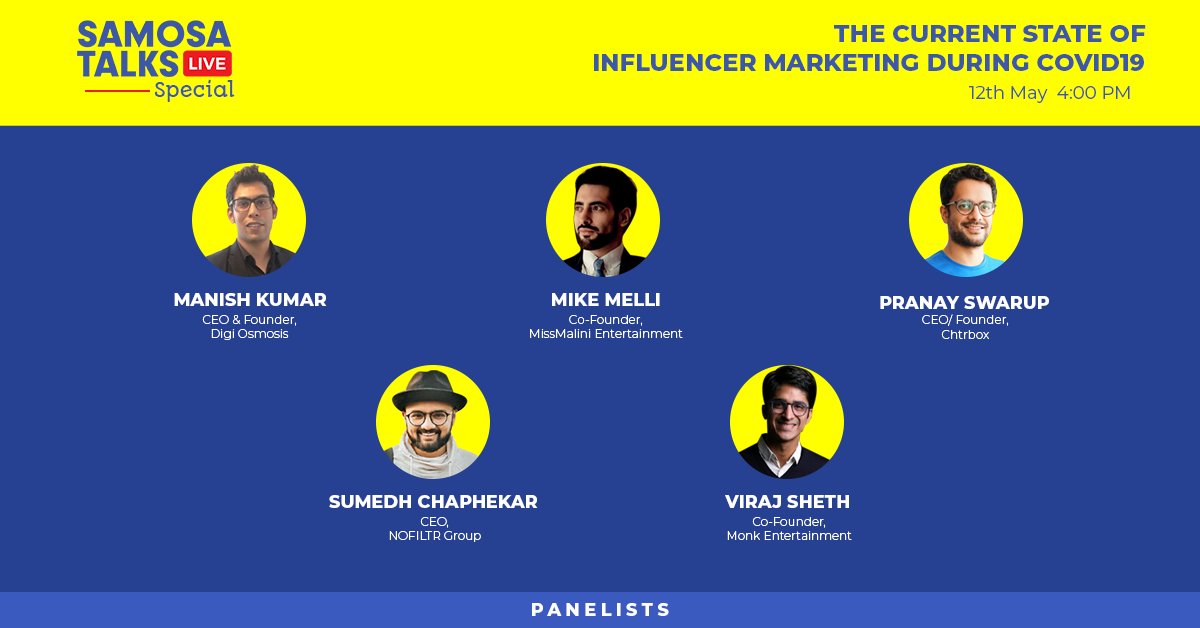 Social_Samosa's tweet photo. On our #SamosaTalks special today we discuss The Current State of #InfluencerMarketing in the wake of Corona Crisis

Tune in to our Facebook Page at 4 PM today or setup a reminder here https://t.co/N2FoJ82VMJ

#AgenciesVsCovid19 https://t.co/8Fao1aHqud