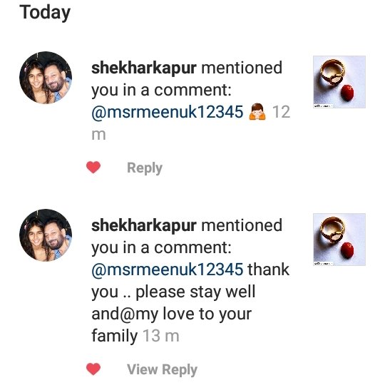 raomeenakshi7's tweet photo. This is a best gift of my life Shekarji .Getting a reply from a humble personality esp.during these days of #Lockdown2 Is a bliss.Thanks for always liking my comments on IG.#StayHome @shekharkapur Following through out but new to Social media .#HeightofHumility on your part...GBU https://t.co/iBm1vZrqwi