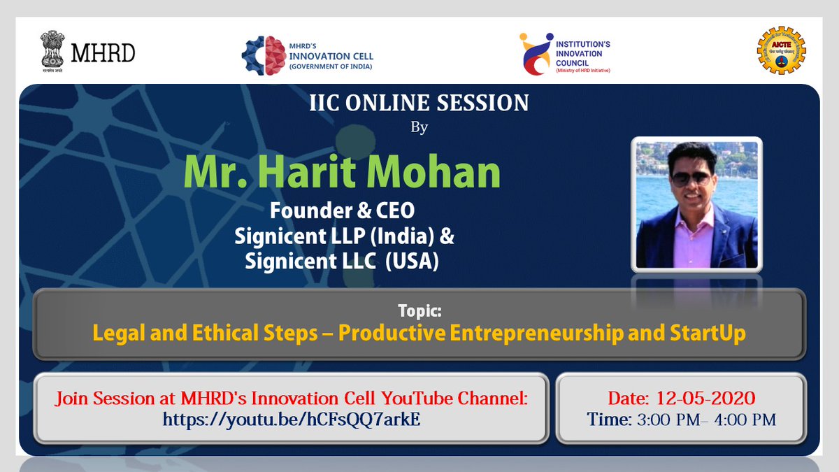aryacolleges's tweet photo. Must watch #iic_online_sessions to know "Legal & Ethical Steps - Productive Entrepreneurship and Startup" by Mr. Harit Mohan, IPR and Technlogy Transfer
Founder & CEO of Signicent LLP in India & Signicent LLC in the US.
Link : https://t.co/gBPvI0g1ak
#ESessions #OnlineLearning https://t.co/m2mQvJCo0I