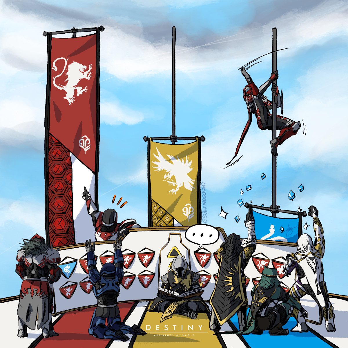 StalkingSensei's tweet photo. As Guardian Games draws to an end, I want to remind everyone that no matter what class you main, we are all Guardians. Be excellent to each other. On that note, we hunter mains left our flag like that on purpose so we can flex our poledancing talents 🌝 #DeathlessManga https://t.co/FLRifalCaX