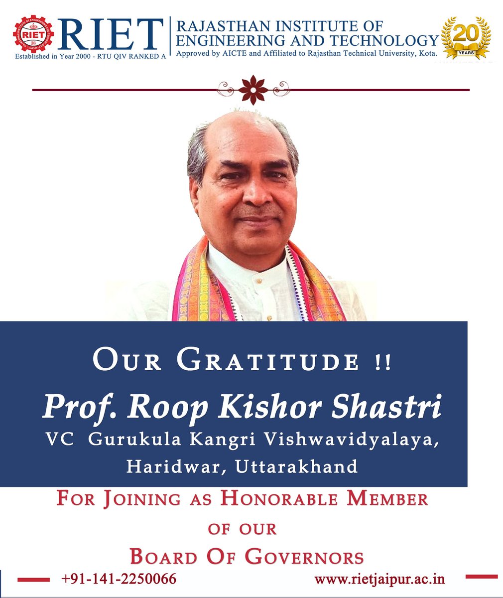 RIET_JAIPUR's tweet photo. It's a privilege for us to have Prof. Roop Kishor Shastri as Honourable Member of our Board of Governors. He is an eminent scholar of Vedic Literature, Nirukta and Linguistics. He is former Secretary MSRVVP, Ujjain (Ministry of HRD, Govt. of India). 
#rietjaipur #research https://t.co/2PSe5GHLG9