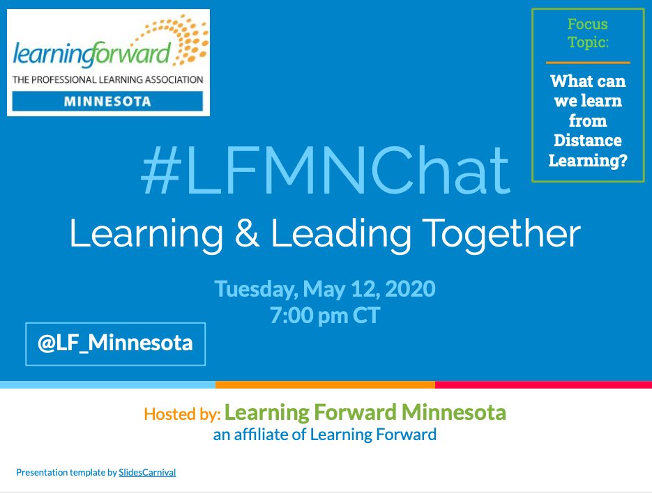 LF_Minnesota's tweet photo. Looking forward to hosting our first "Learning and Leading Together" #LFMNChat on Tue, May 12, 7 pm CT!

Join us to explore: "What can we learn from distance learning?"

@chad_schmidt @jneman @beckyallen270 @SBradySLPHS @LearningForward https://t.co/nvZ1gKWi3P