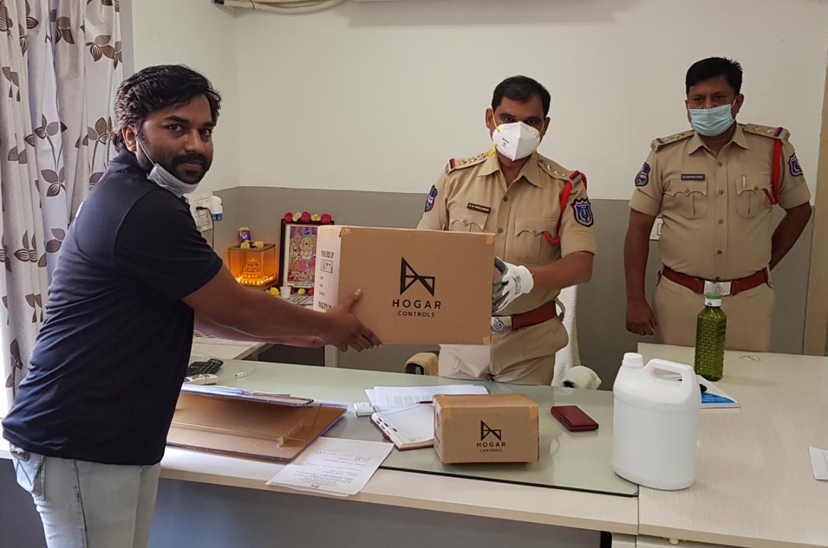 Shravzk92's tweet photo. My hubby @sai6869 donated #masks and #handsantizers to  @hydcitypolice at Uppal on behalf of #Hogarautomation Inc. #COVID19 #SaferAtHome #SavingLivesInLockdown https://t.co/NSVE5Ckeh4
