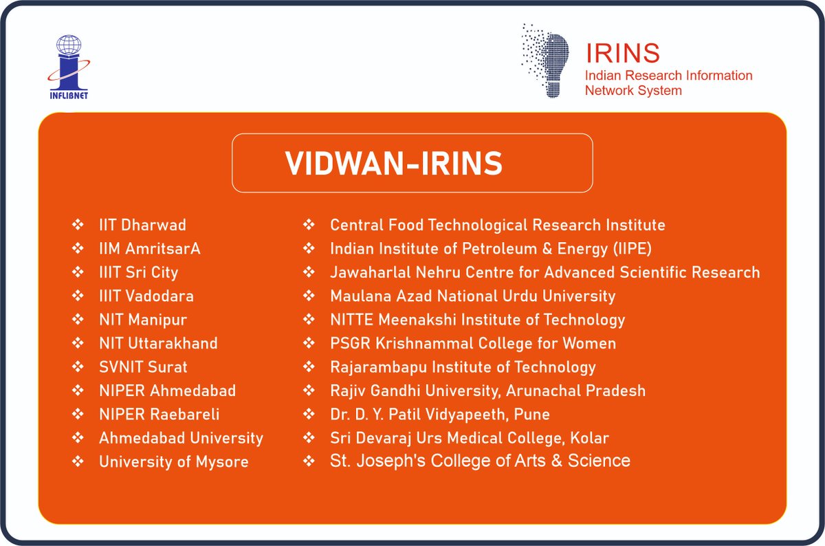 vidwanIRINS's tweet photo. @INFLIBNET deployed 22 active IRINS (An initiative of @HRDMinistry) instances for #HEI during #lockdown period. Visit https://t.co/7NlLFhEtjW. @IIITSC @IIITVadodarasm @IIMAmritsar @iitdharwad @jncasr @officialmanuu @NIPERAHM @NIPERRaebareli @NIT_Uttarakhand @RGU1984 @NIT_Surat https://t.co/z2NKNHFaPb