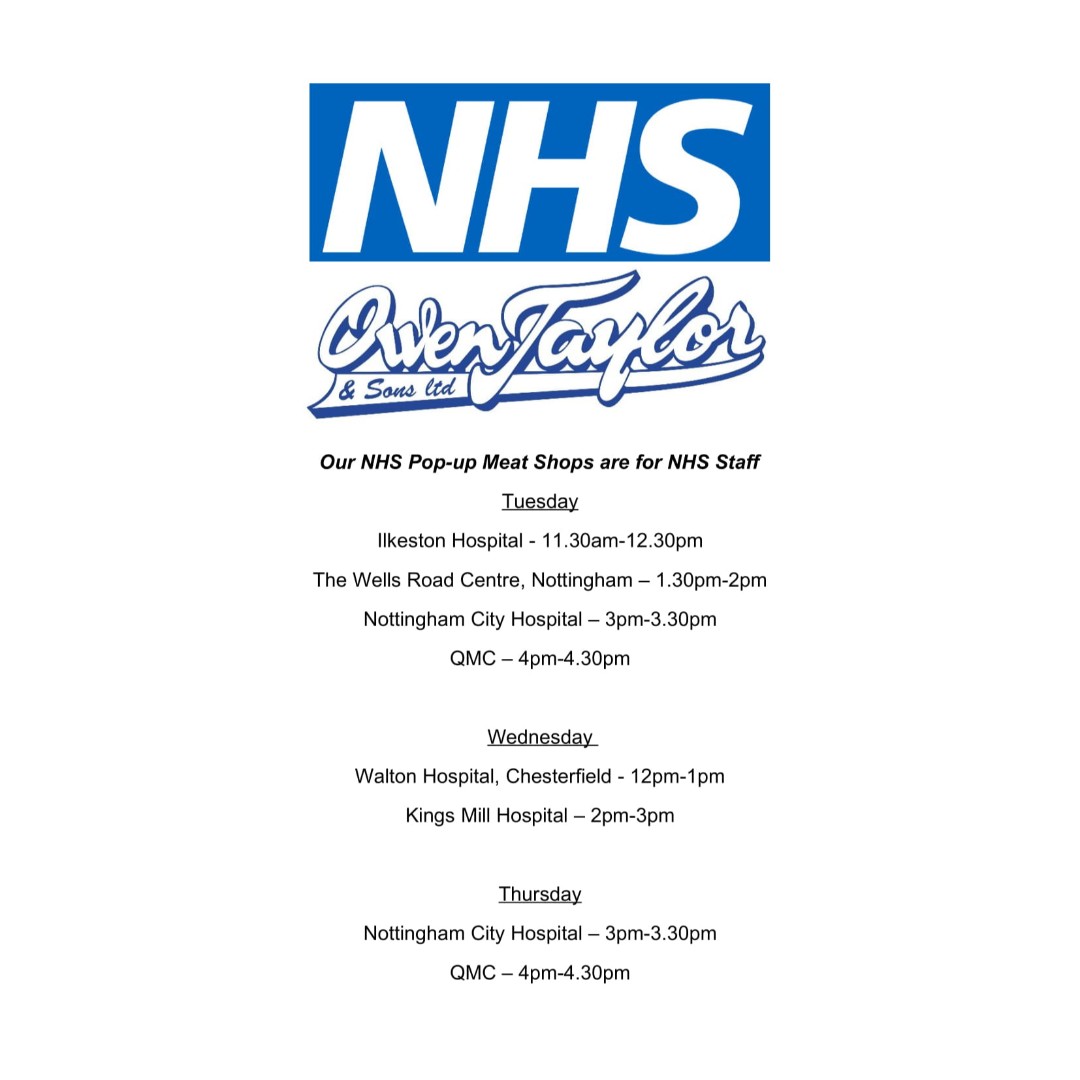 owentaylor_uk's tweet photo. π¨ββοΈ NHS Owen Taylor Pop-up Meat Shops W/C 11/05 π©ββοΈ
Our NHS sites are reserved for NHS Staff only π₯ Our NHS hampers are pre-discounted as our way of saying #ThankYou π
Share share share!
#nuh #sfht #nhsheroes #loveournhs #doingourbit #butchers #feedingourheroes https://t.co/S7rfLs0fIB