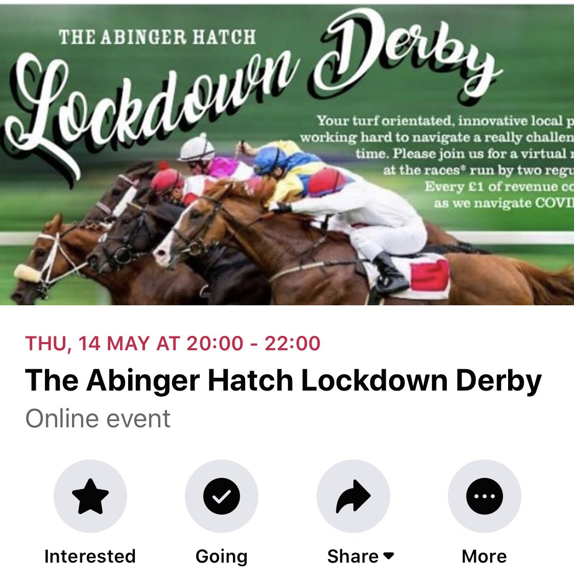 Don’t miss out on getting your tickets to the Lockdown Virtual Derby now! Head over to Facebook for all the details and to buy tickets which are on sale until noon tomorrow! 🐎 #TheAbingerHatch