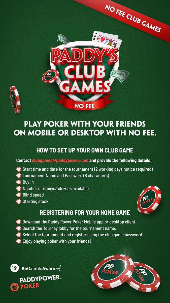 ppbtechnology's tweet photo. Want to play poker with your friends, colleagues or team mates?
We are launching Paddy’s Club Games.
These poker games will be rake free with 100% of the prizepool paid out.
If you are interested in hosting a poker game for your friends email clubgames@paddypower.com. https://t.co/6Vt60MFkdc