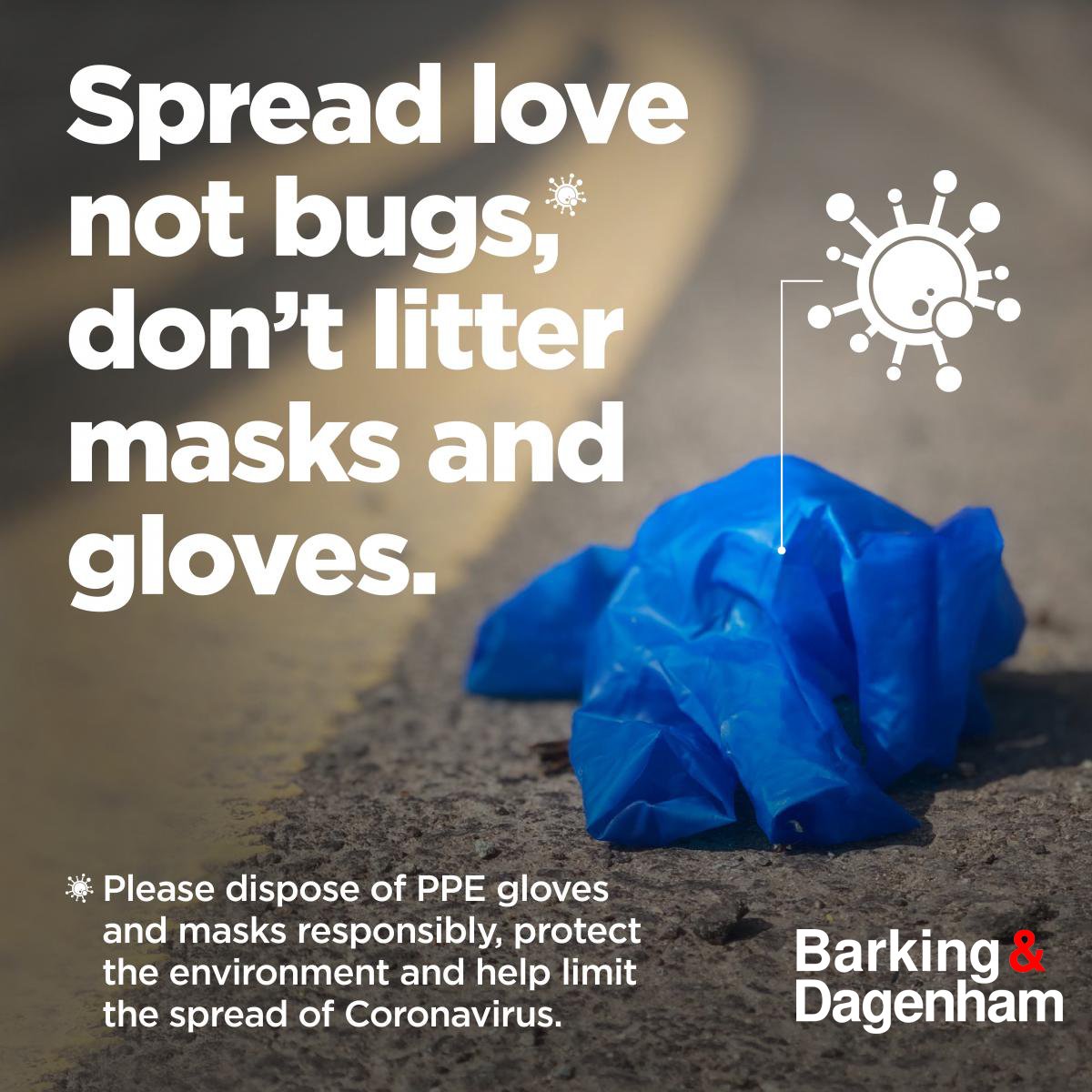 lbbdcouncil's tweet photo. If you’re out buying your essentials this week &amp; you're wearing a face mask or plastic gloves, it’s important you dispose of them correctly - in a street bin, or your bin at home - to help keep our staff and other residents safe. Thank you 👍🏼 #CleanerBD #LondonTogether https://t.co/sD9xe2FMdj