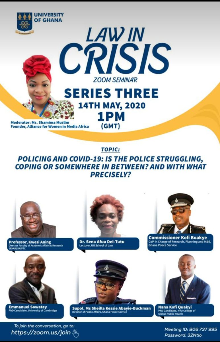 ug_lsu's tweet photo. ⚡Another week, another episode!⚡

Law In Crisis continues with:

'POLICING AND COVID-19: Is the police struggling, coping or somewhere in between? And with what precisely?'

📅 Thursday 14th May
🕐 1pm

🍟Join us on Zoom, Facebook or YouTube as the experts share insights 💡 https://t.co/ZObZZcJF4t