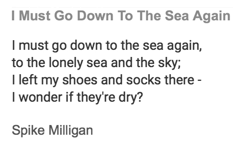 176 I Must Go Down to the Sea Again by Spike Milligan https://soundcloud.com/user-115260978/176-i-must-go-down-to-the-sea-again-by-spike-milligan  #PandemicPoems