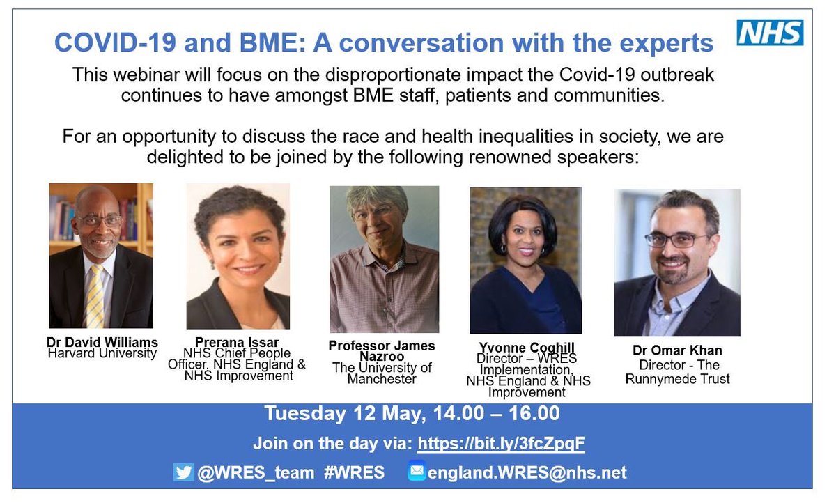 Really Looking forward to today’s webinar with @D_R_Williams1 David @JamesNazroo, @omaromalleykhan and @Prerana_Issar It’s going to be awesome. @WRES_team Remember to join us by 2pm on the following link: bit.ly/3fcZpqF all welcome.