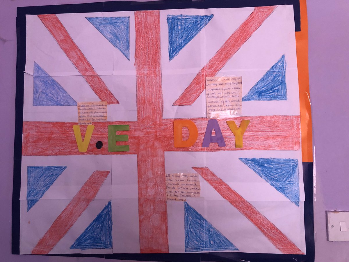 TJPrimary's tweet photo. Lots of family friendly learning going on in Year One, including Scarlett’s VE Day poster which she completed with her sister and Kaitlyn’s family bike ride. #TJYearOne #TJHomeLearning https://t.co/2CeiCt0n46