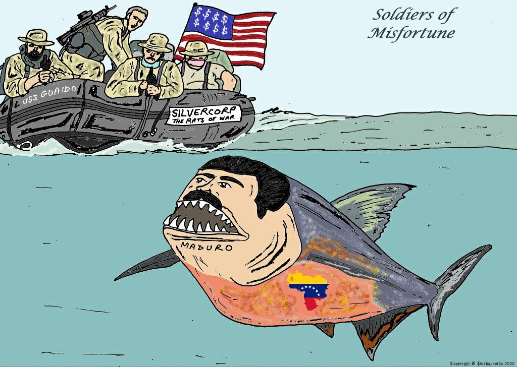 suzannahfrances's tweet photo. Soldiers Of Misfortune

The title of this cartoon was pilfered from the Colonel Cassad site. It was too good a pun to p[ass up.

#Venezuela #Caracas #Maduro #mercenaries #Silvercorp #Guaido #Goodreau #Trump #RegimeChange #imperialism #TotalFlop https://t.co/QoUxDRsMdW