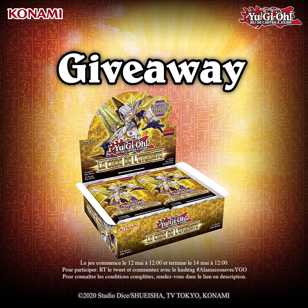 KONAMIFR's tweet photo. Concours ! 🎁
Un display Yu-Gi-Oh! JCC 'Le Code de l'Eternité' à gagner ! 
Pour participer : 
- Follow + RT @KONAMIFR 
- Commentez avec #alamaisonavecygo 

Tirage au sort le 14 mai à midi ! 

Conditions du concours : https://t.co/rx9yE4aF1H https://t.co/nDXOI9UQzK