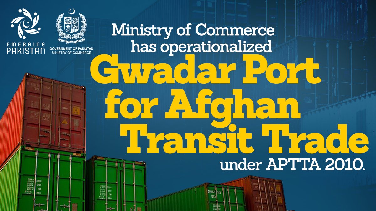 Ministry of Commerce has operationalized Gwadar Port for Afghan Transit Trade under APTTA 2010. The move will jump-start port ops. in Gwadar Port.

@ImranKhanPTI @ansukhera @aliya_hamza @PTVNewsOfficial @RadioPakistan @appcsocialmedia 
 @razak_dawood @pid_gov #EmergingPakistan