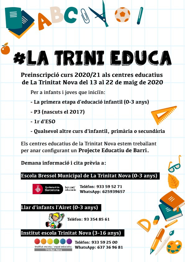 ietrinitatnova's tweet photo. El 13 de maig comença preinscripció  del curs 20/21 si vols informació sobre els centres educatius de Trinitat Nova pots omplir aquest formulri:
#laTriniEduca @consorciedubcn
https://t.co/kzNVpwgbrP https://t.co/gtwqhNTAn6