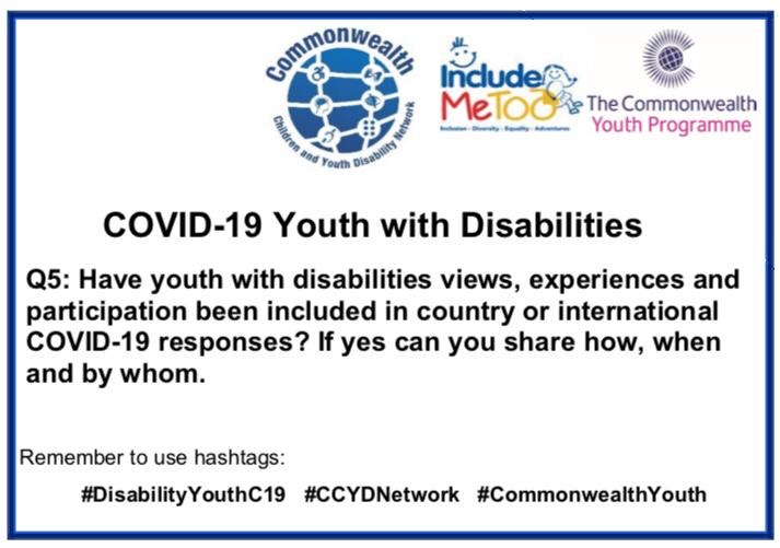 CCYDNetwork's tweet photo. Q5: Have youth with disabilities views, experiences and participation been included in country or international COVID-19 responses? If yes can you share how,when and by whom.
Remember include #DisabilityYouthC19 and include A5 in your reply to Q5 also include #CCYDNetwork https://t.co/UDdueuEfiQ