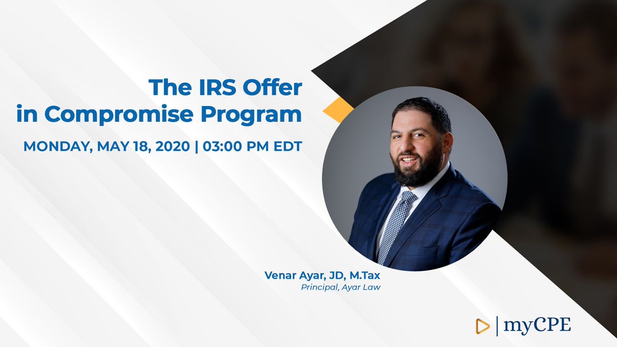 myCPE's tweet photo. Get the detailed Understanding of the objective of IRS offer in compromise program by renowned thought leader Mr.Venar Ayar, Founder of Ayar Law. https://t.co/kt0ly24SIj
#irsofferincompromisetips #OfferinCompromise #taxes #OICprogram #IRS #IRSOICPreQualifier #IRSCOURSE #CPA https://t.co/pQqEzoIlWR