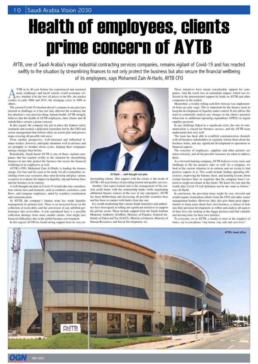 AYTB_Co's tweet photo. #AYTB one of Saudi's major industrial contracting companies, remains vigilant of #Covid19 and has reacted swiftly to the situation by streamlining finances to not only protect the business but also secure the financial wellbeing of its employees, says Mohamed Z. AlHarbi, CFO https://t.co/0lhqlt9TLm
