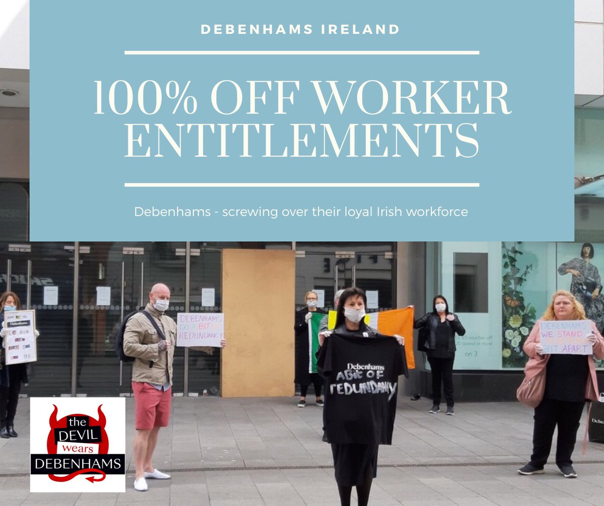 DevilDebenhams's tweet photo. Debenhams Ireland gave themselves a sale. 100% off worker entitlements and a transfer of assets to the UK parent company.

It could cost Irish taxpayer €20 million...but at least the owners will get to run away with future profits💰

#DontRewardBadEmployers
#DevilWearsDebenhams https://t.co/FPEpJqoWlN