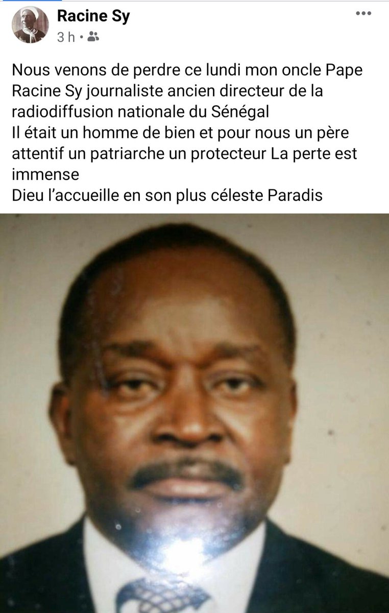 AlsarSenegal's tweet photo. Le Président Mamadou Racine Sy vient de perdre son Oncle Pape Racine SY, au nom de ALSAR, nous lui présentons nos sincères condoléances.Nos condoléances vont aussi à l'endroit de la famille éplorée! Que son âme repose en Paix dans le meilleur des paradis. Pensées pieuses🙏🏽 https://t.co/To3oIN1RLt