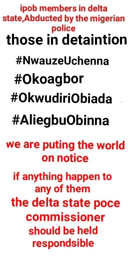 IpobosisiomaLga's tweet photo. @UNHumanRights &amp; @amnesty 
The names below are #IpobMembers that was kiddnapped by the #DeltaStateGovernor
@GovOkowa &amp; @PoliceNG #DeltaStateCommand,
There offences are, belonging to #Ipob &amp; demanding for the #FreedomOfBiafra,
We are ipob,we are peaceful,
@MaziNnamdiKanu https://t.co/bhccAwgw6O