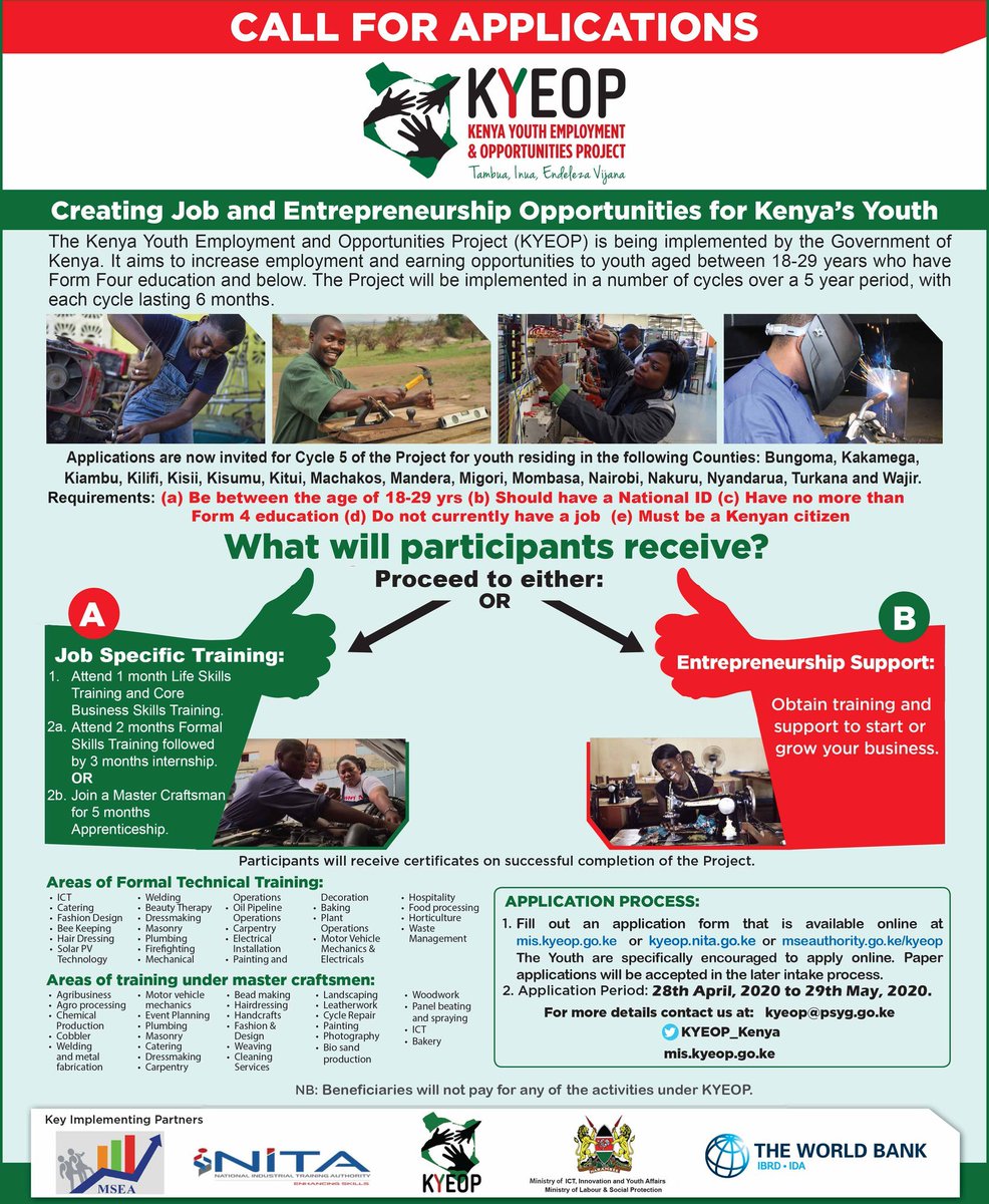 NYOTA_Kenya's tweet photo. CALL FOR YOUTH: KYEOP Cycle 5 applications are currently open till May 29th. All interested youth who meet the eligibility criteria are highly encouraged to apply now! 
The direct application link is https://t.co/wZ44R2WQKE
Spread the word! 
#KYEOPCycle5 #CallForYouth https://t.co/SDuvHEkyZF