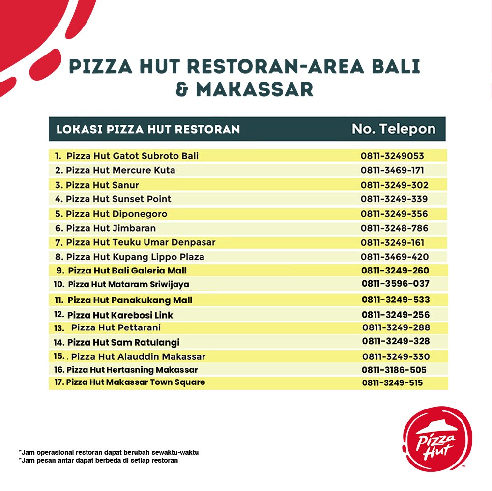 Pizza_HutID's tweet photo. Nomor telepon Pizza Hut Restoran Area Semarang, Yogyakarta, Surabaya, Malang, Samarinda, Balikpapan, Banjarmasin, Bali, dan Makassar
Pesanan siap Kami Antar Ke Kamu dengan GRATIS biaya antar lho! Promo Gratis Biaya Antar hanya sampai 23 Mei 2020.
#PHRKamiAntar #HutEasy https://t.co/0mpuvm60sf