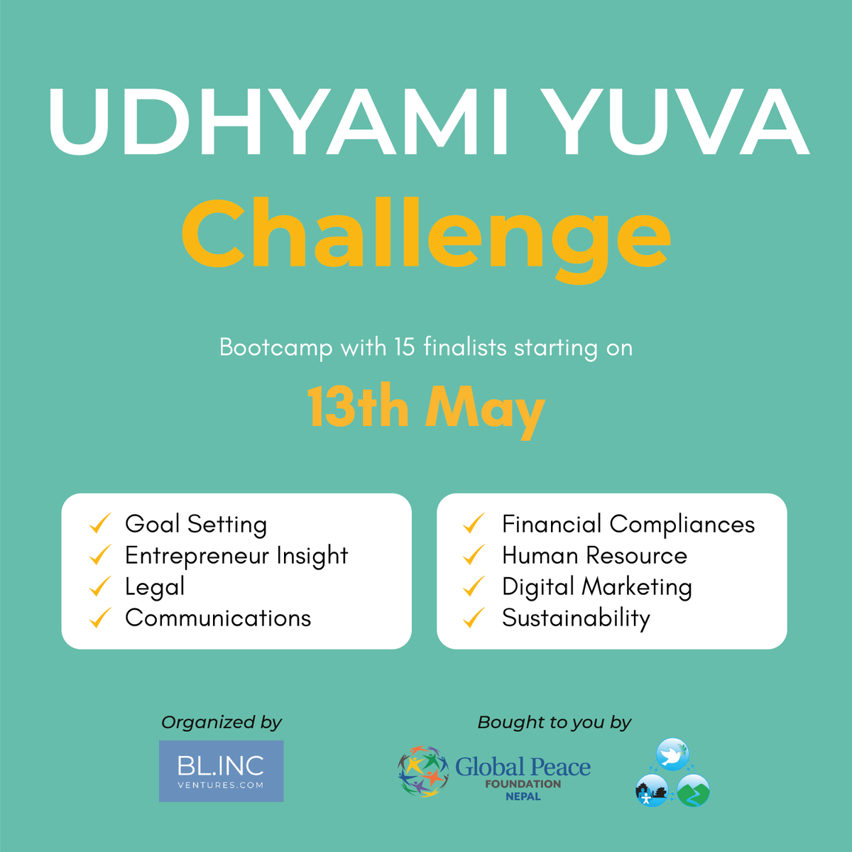 Blincventures's tweet photo. Thrilled to announce that the bootcamp (virtual, ofcourse) for Udhyami Yuva Challenge is starting from tomorrow. Joining us are 15 finalists selected from a pool of more than 60 applicants who will be competing for the seed fund of Rs. 1,00,000.
Stay tuned! https://t.co/fyFrkihNkO