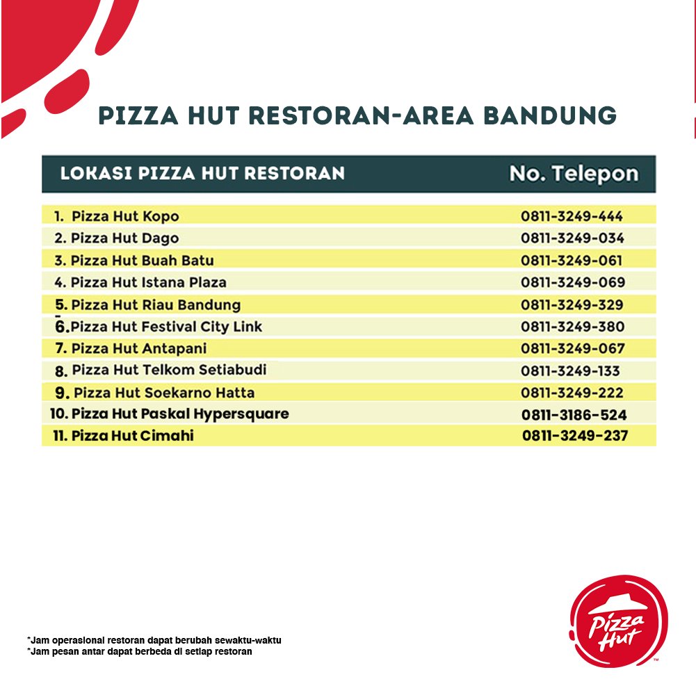 Pizza_HutID's tweet photo. Nomor telepon Pizza Hut Restoran Area Jabodetabek, Bandung, Medan, Palembang, dan Batam.
#PizzaHutIndonesia #PHRKamiAntar #HutEasy https://t.co/rVawAknLvf