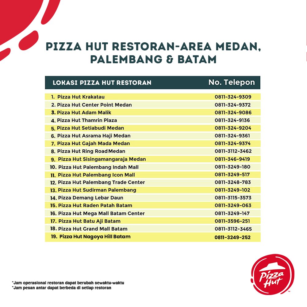 Pizza_HutID's tweet photo. Nomor telepon Pizza Hut Restoran Area Jabodetabek, Bandung, Medan, Palembang, dan Batam.
#PizzaHutIndonesia #PHRKamiAntar #HutEasy https://t.co/rVawAknLvf