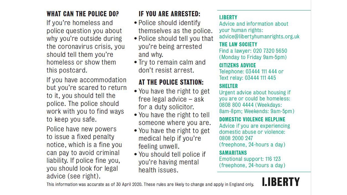 libertyhq's tweet image. If you're homeless: tell the police

If you're afraid to return to your accommodation: tell the police

If you are fined: get legal advice

📧 Liberty: advice@libertyhumanrights.org.uk
📱 Law Society: 020 7320 5650
📱 Citizens Advice: 03444 111 444