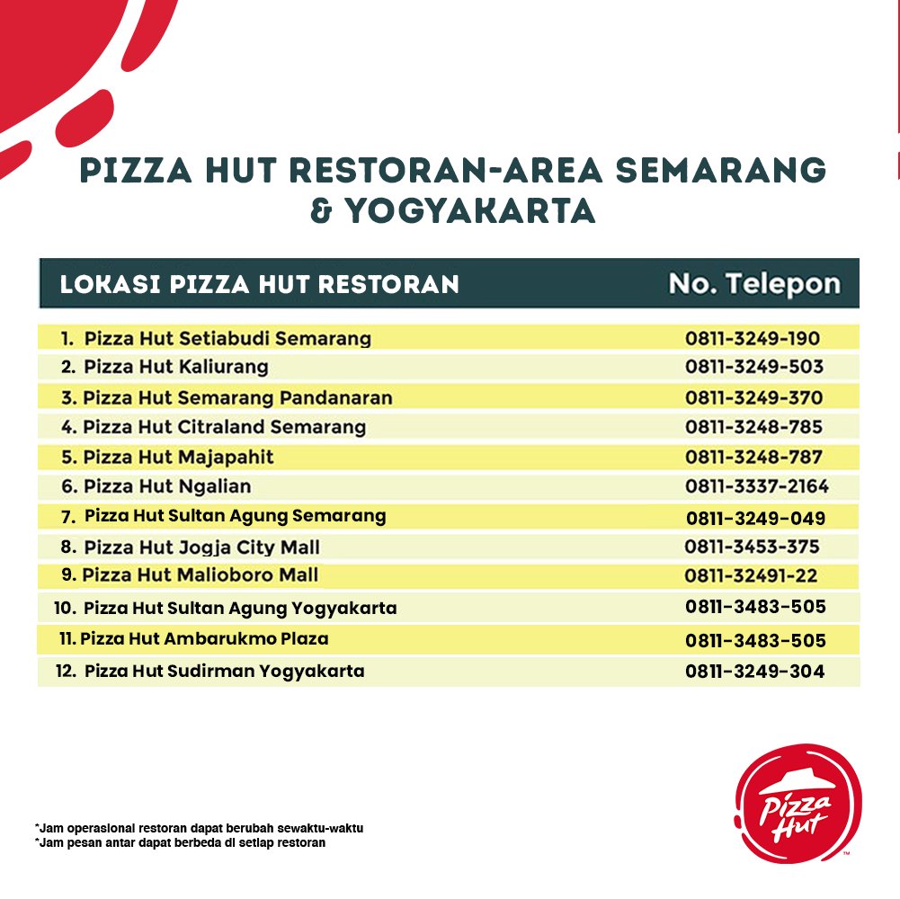 Pizza_HutID's tweet photo. Nomor telepon Pizza Hut Restoran Area Semarang, Yogyakarta, Surabaya, Malang, Samarinda, Balikpapan, Banjarmasin, Bali, dan Makassar
Pesanan siap Kami Antar Ke Kamu dengan GRATIS biaya antar lho! Promo Gratis Biaya Antar hanya sampai 23 Mei 2020.
#PHRKamiAntar #HutEasy https://t.co/0mpuvm60sf