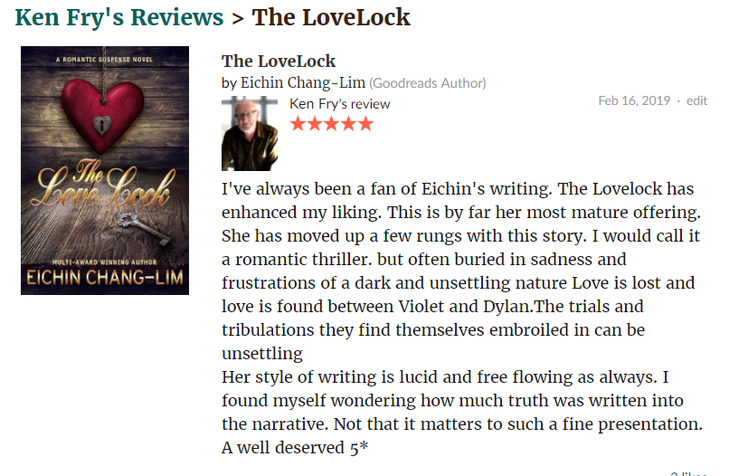 KenFry10's tweet photo. Review for The LoveLock by Eichin Chang-Lim
😎 https://t.co/Gqz1vcdXMJ 
I've always been a fan of Eichin's writing. She has moved up a few rungs with this story. 

#Romance #bookreview
#IARTG
#mustread
#bookboost
@EichinChangLim https://t.co/xgQMf1YWet