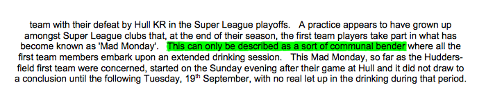 3/ At the end of each rugby league season, many of the clubs hold an event (or at least did back in 2012) called Mad Monday, which the Judge in this case described in language I've never before seen in a judgment: